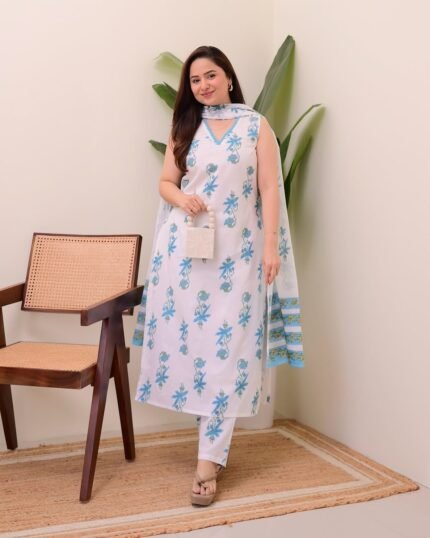 handblock print and laces cotton suits with dupatta